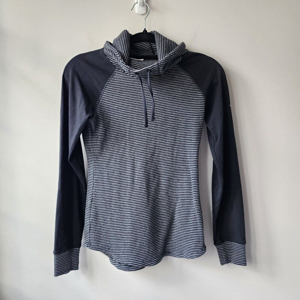 Columbia High Neck Pullover | Hood Black Gray Stripe | Waffle Knit Women's Small